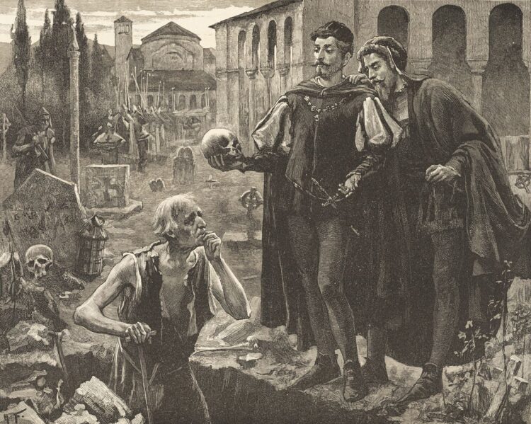 An 01887 print by Horace Fisher in Harper’s Bazaar depicting the graveyard scene from Hamlet. Source: Norman B. Leventhal Map & Education Center at the Boston Library